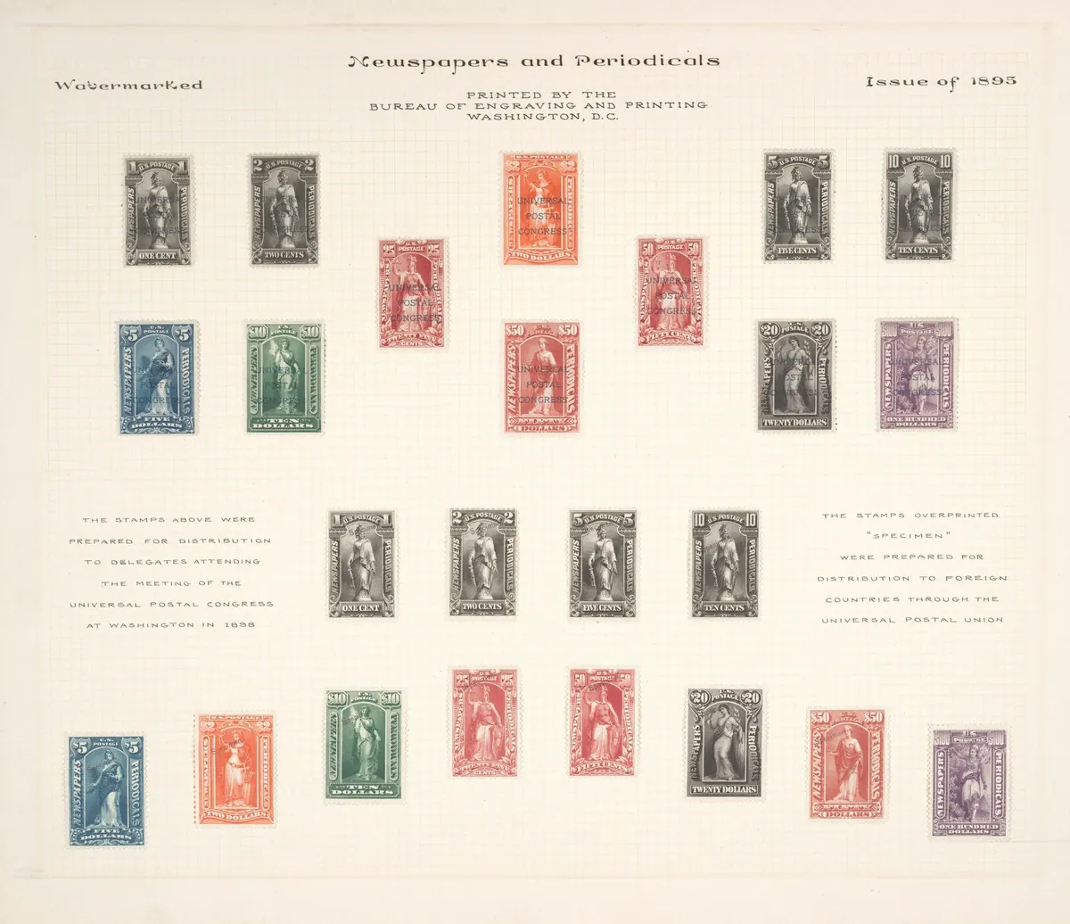 Albumblatt mit Briefmarken in Reihen auf cremefarbenem Papier