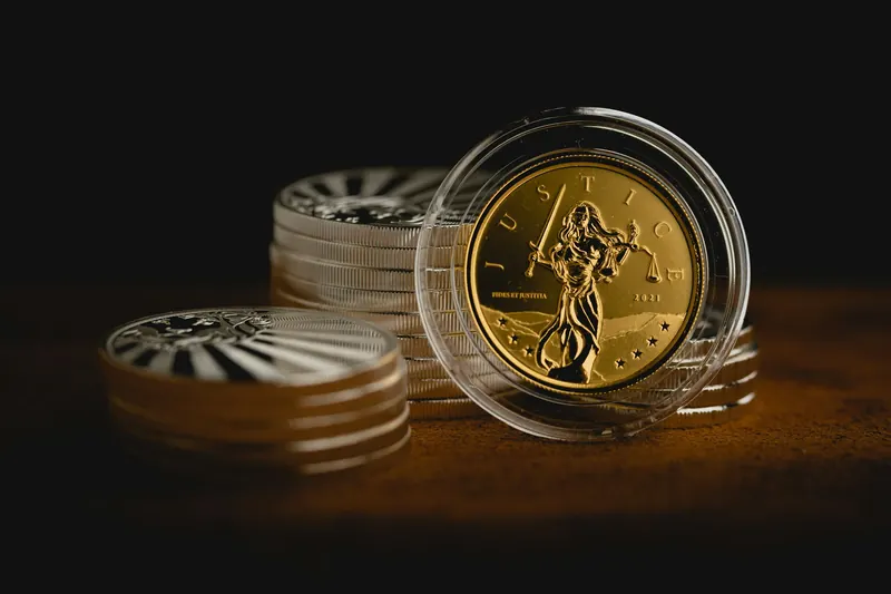 Goldmünze in Kapsel vor Stapeln aus Silbermünzen