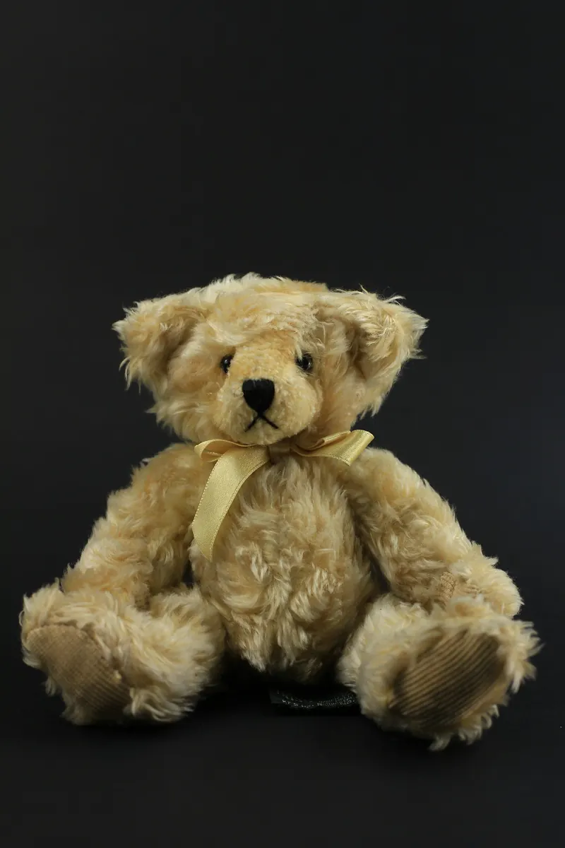 Alter Teddybär mit Schleife vor schwarzem Grund